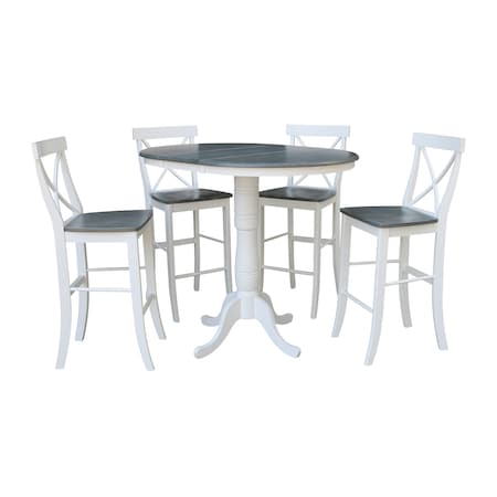 International Concepts Round 36 in Rd Extend Dining Table, 4 X-back Bar Ht Stools, White/Heather Gray, 36 W, 48 L, 41.3 in H K05-36RXT-6B-S6133-4